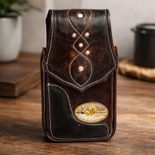 Funda Porta Celular Piel De Res Vaqueta Artesanal F-GLL - Cafe