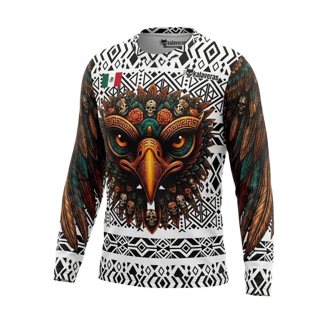 Playera Manga Larga Línea Animales Ancestrales - Búho Blanca Águila a Color Blanca