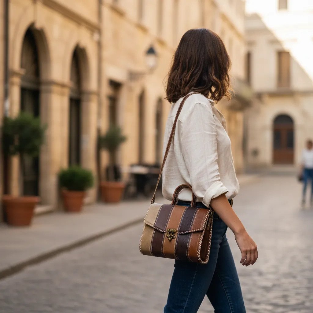 Bolsa de Piel Artesanal para Dama Estilo Vintage – Rayas Oscuras