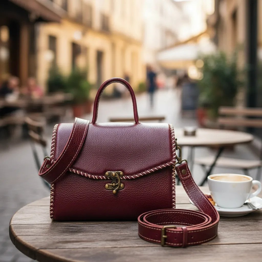 Bolsa de Piel Artesanal para Dama Estilo Vintage - Tinto Liso
