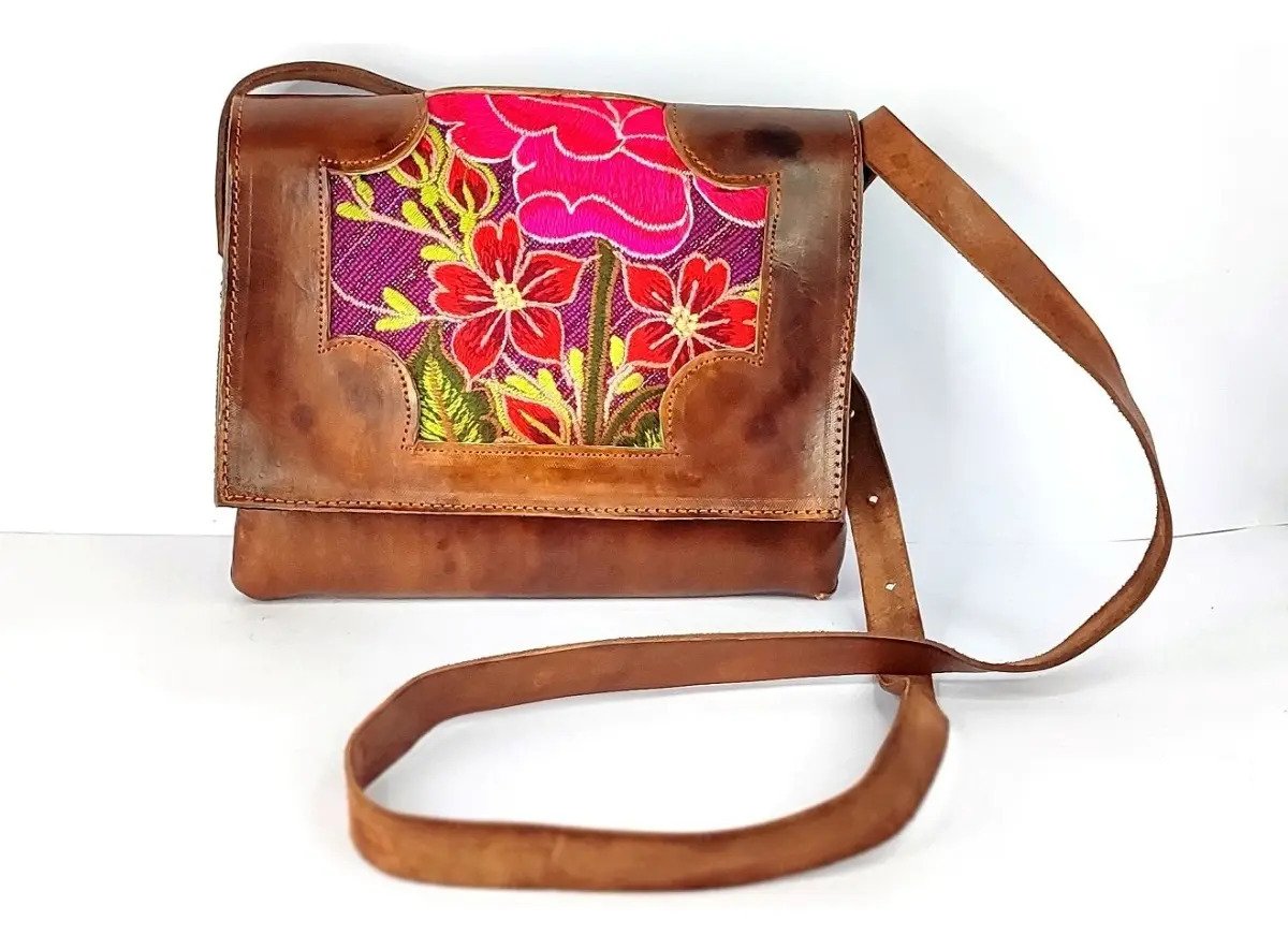 Bolso Artesanal 100% Piel Vaqueta para Dama - Vaqueta / Marrón C/ Flores