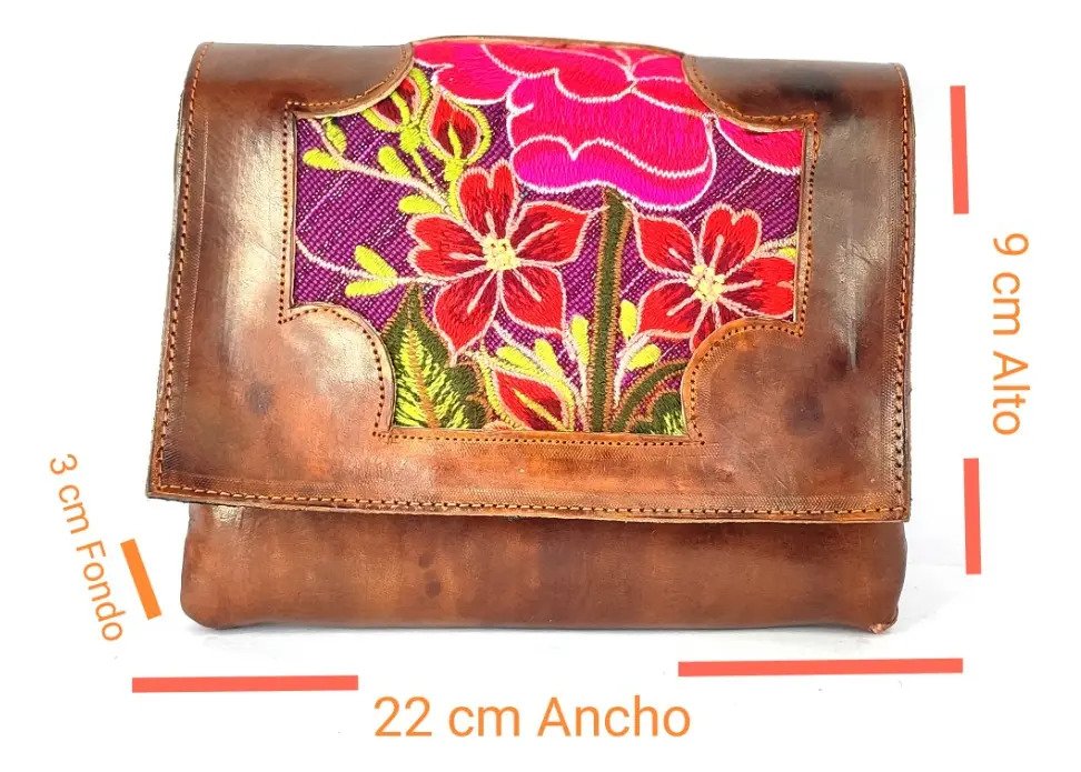Bolso Artesanal 100% Piel Vaqueta para Dama - Vaqueta / Marrón C/ Flores