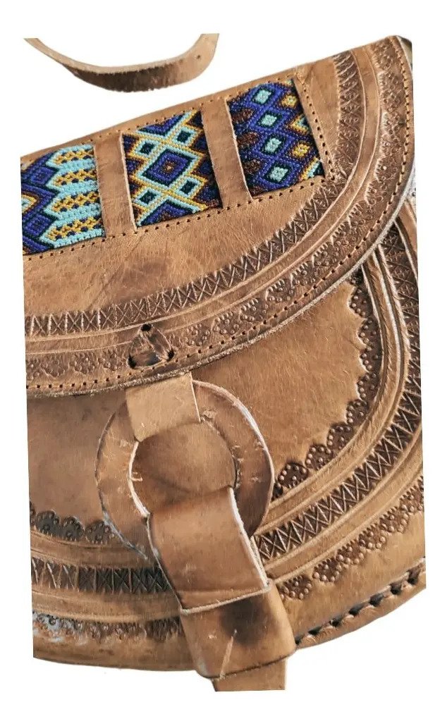 Bolso de Piel Artesanal para Dama (Vaqueta) - Vaqueta / Cafe pulseras Azul / Lisa