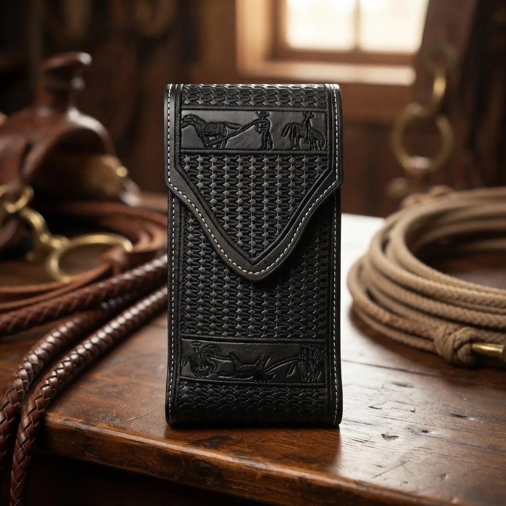 Funda Porta Celular de Piel – Nuevos Diseños - Bordado - Negro