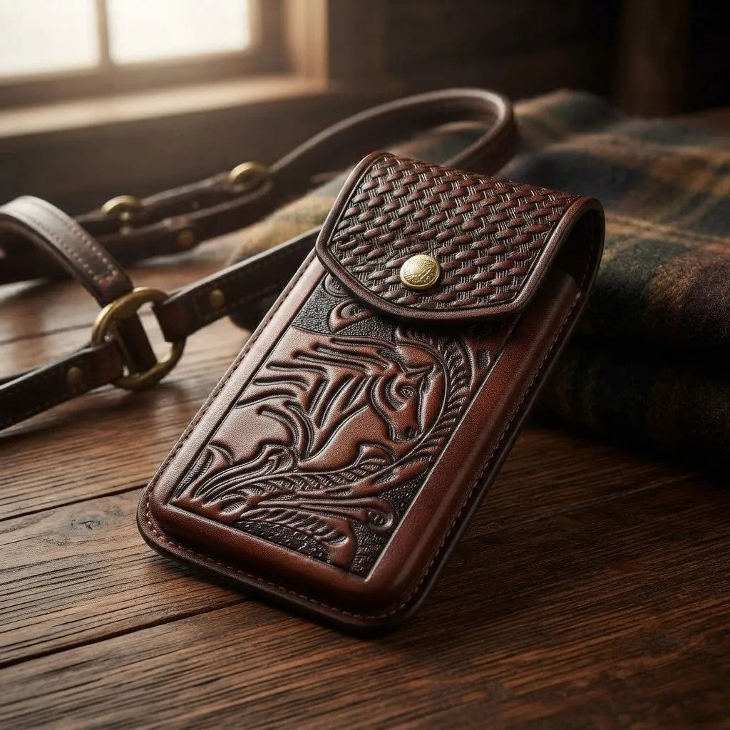 Funda Porta Celular de Piel – Nuevos Diseños - Boot - Cafe Cabalgando - Cafe tinto