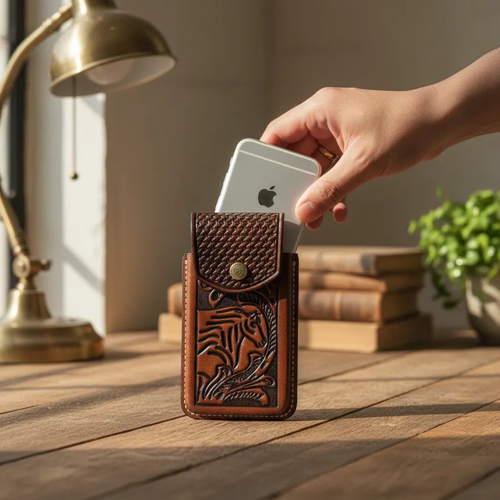 Funda Porta Celular de Piel – Nuevos Diseños - Cabalgando - Cafe tinto