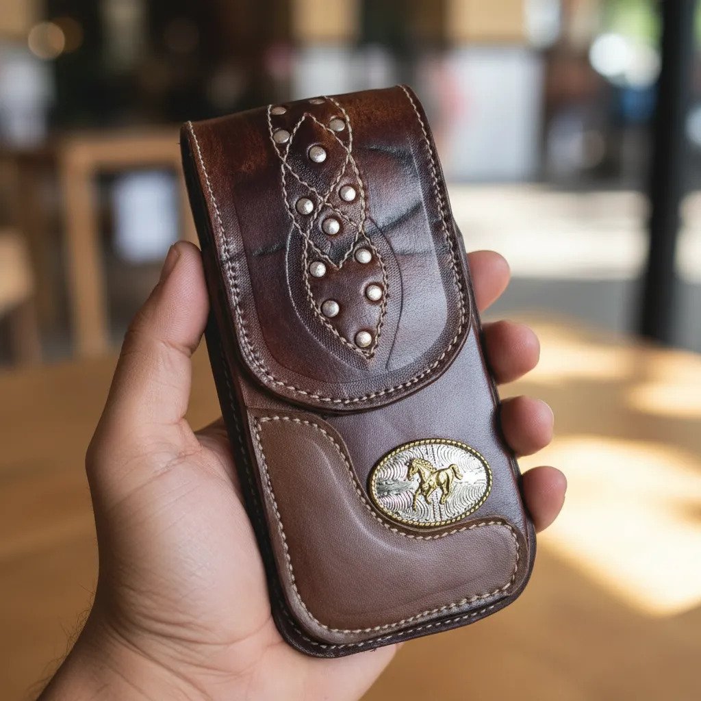 Funda Porta Celular de Piel – Nuevos Diseños - Caballo placa - Cafe oscuro