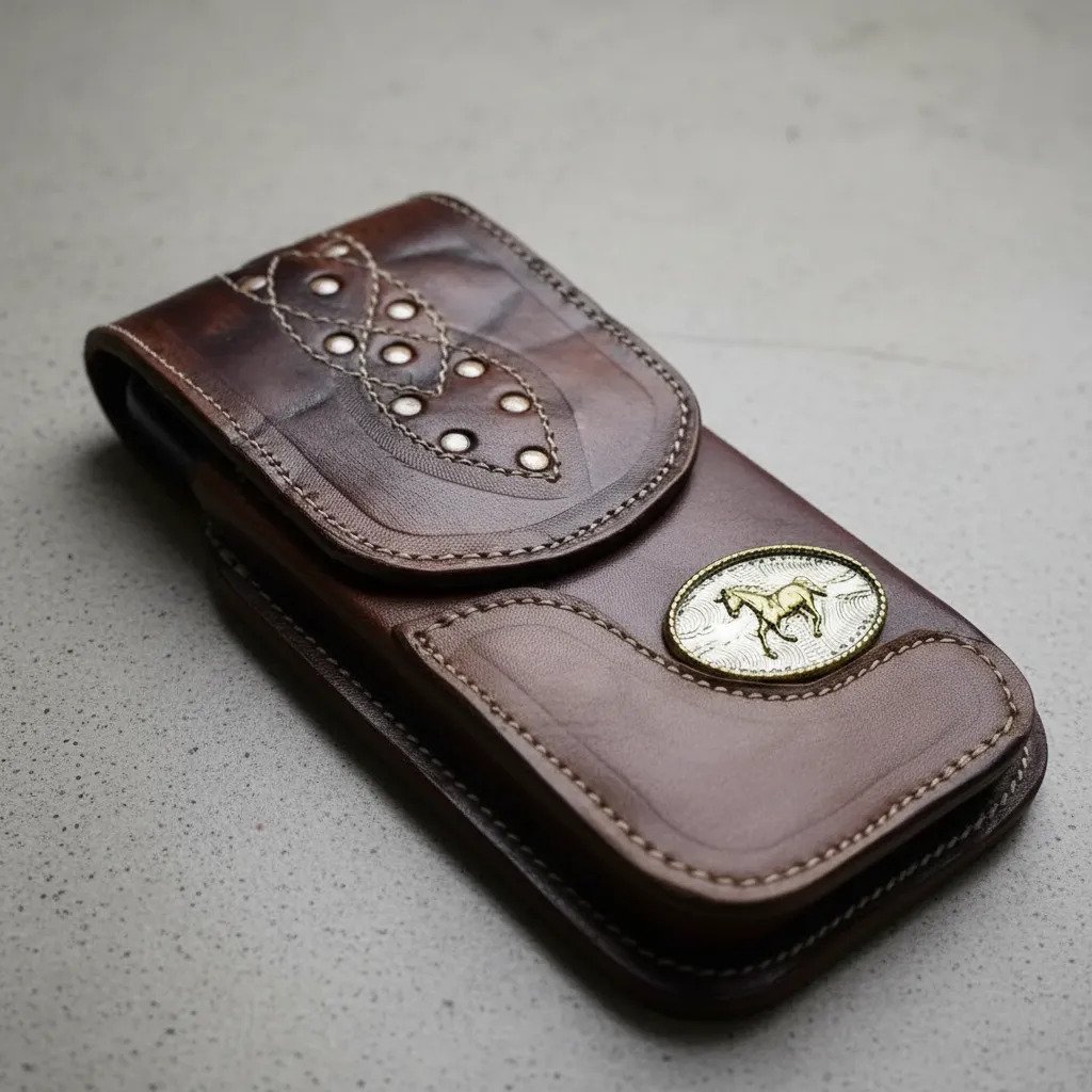 Funda Porta Celular de Piel – Nuevos Diseños - Caballo placa - Cafe oscuro