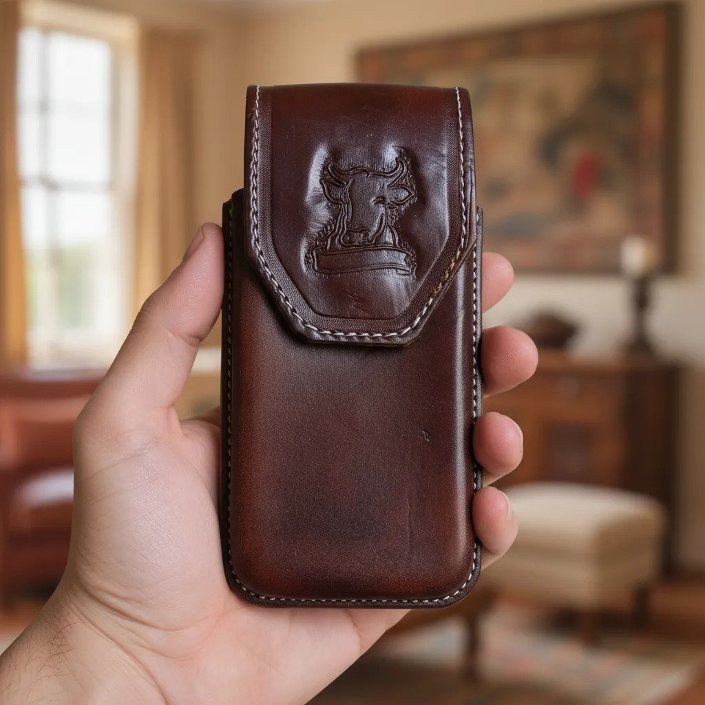 Funda Porta Celular de Piel – Nuevos Diseños - Cabeza toro tinto - Cafe tinto