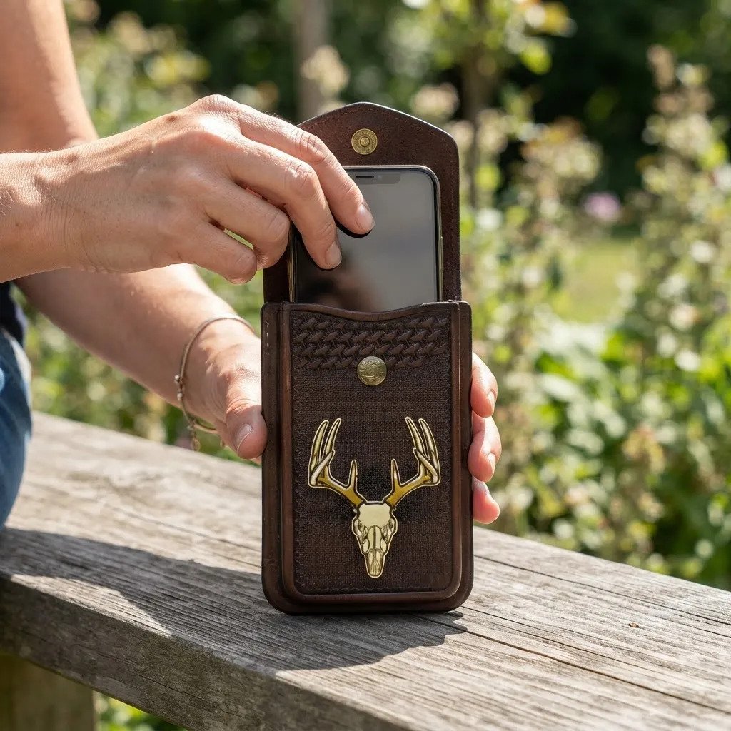 Funda Porta Celular de Piel – Nuevos Diseños - Craneo/venado - Cafe