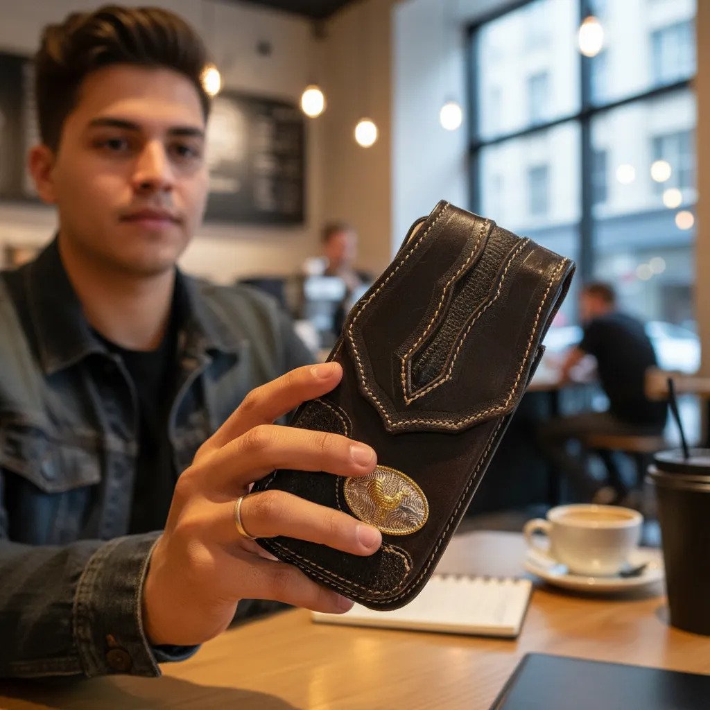 Funda Porta Celular de Piel – Nuevos Diseños - Gallo plata - Cafe oscuro