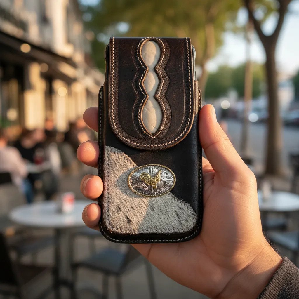 Funda Porta Celular de Piel – Nuevos Diseños - Gallo rombo - Cafe oscuro