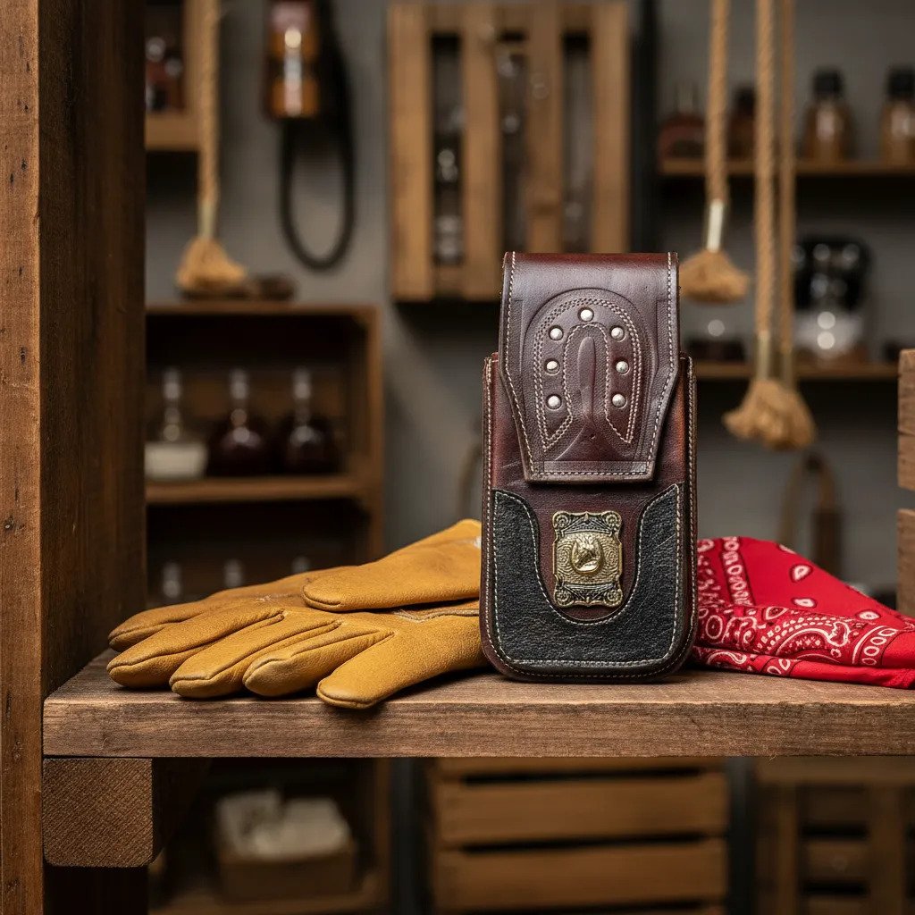 Funda Porta Celular de Piel – Nuevos Diseños - Boot - Cafe Herradura placa - Cafe oscuro