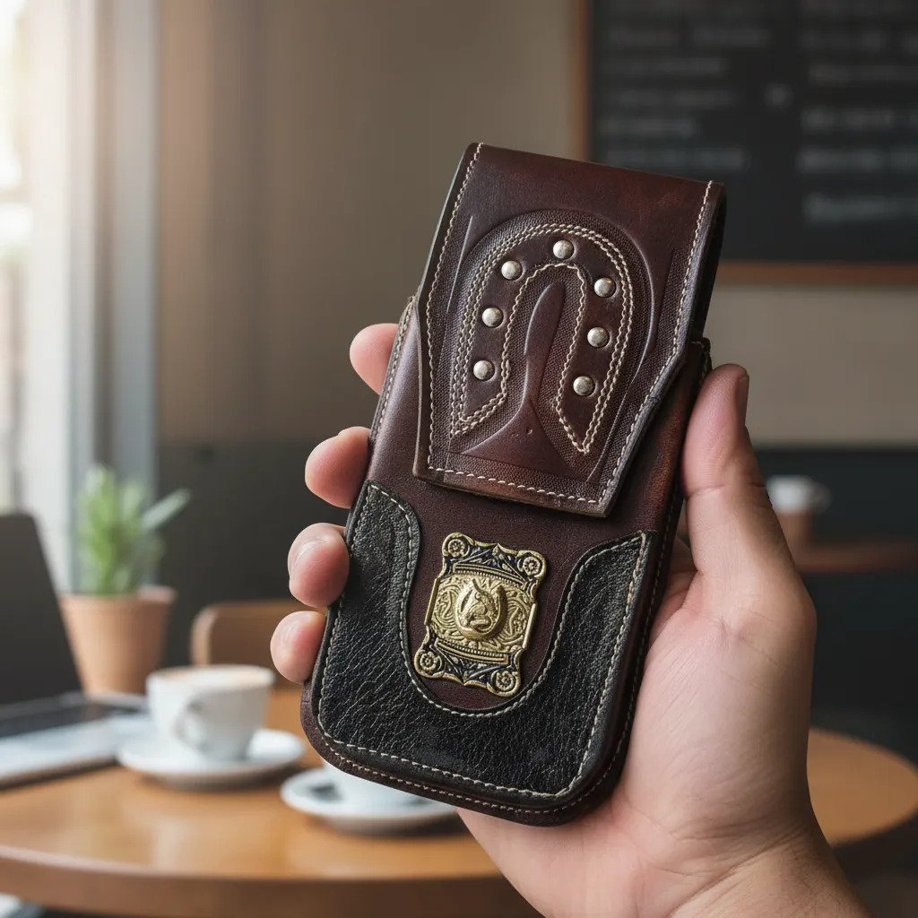 Funda Porta Celular de Piel – Nuevos Diseños - Herradura placa - Cafe oscuro