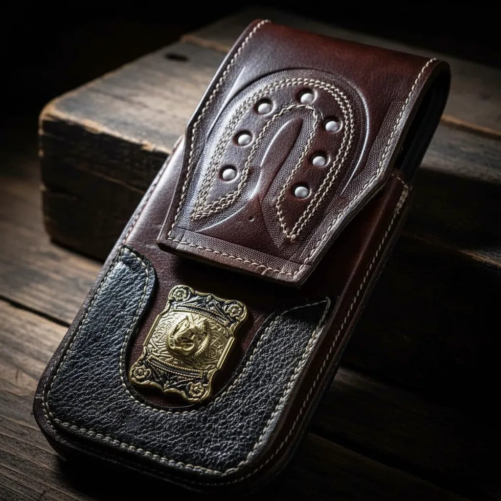 Funda Porta Celular de Piel – Nuevos Diseños - Herradura placa - Cafe oscuro