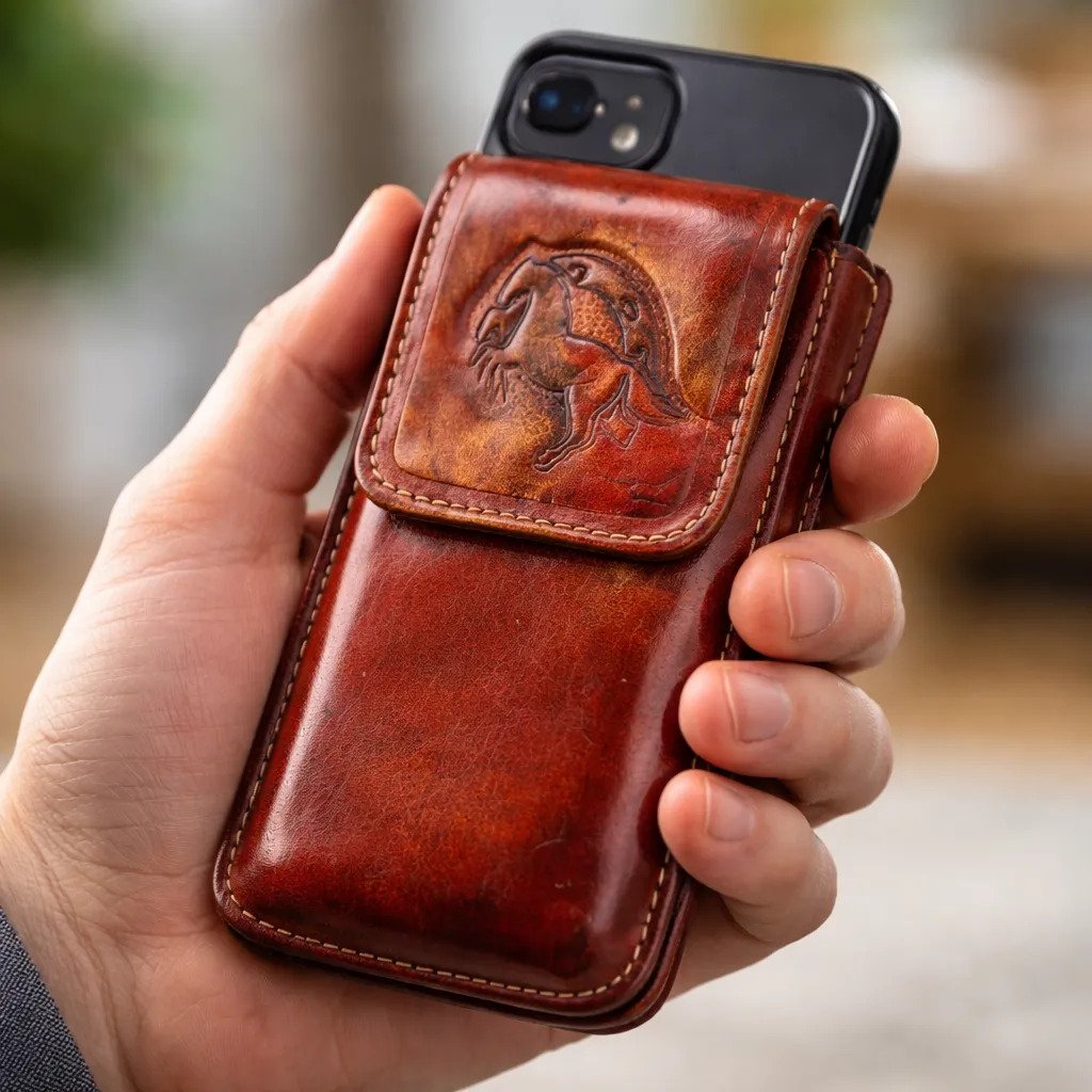Funda Porta Celular de Piel – Nuevos Diseños - Boot - Cafe Hrro2 - Cafe