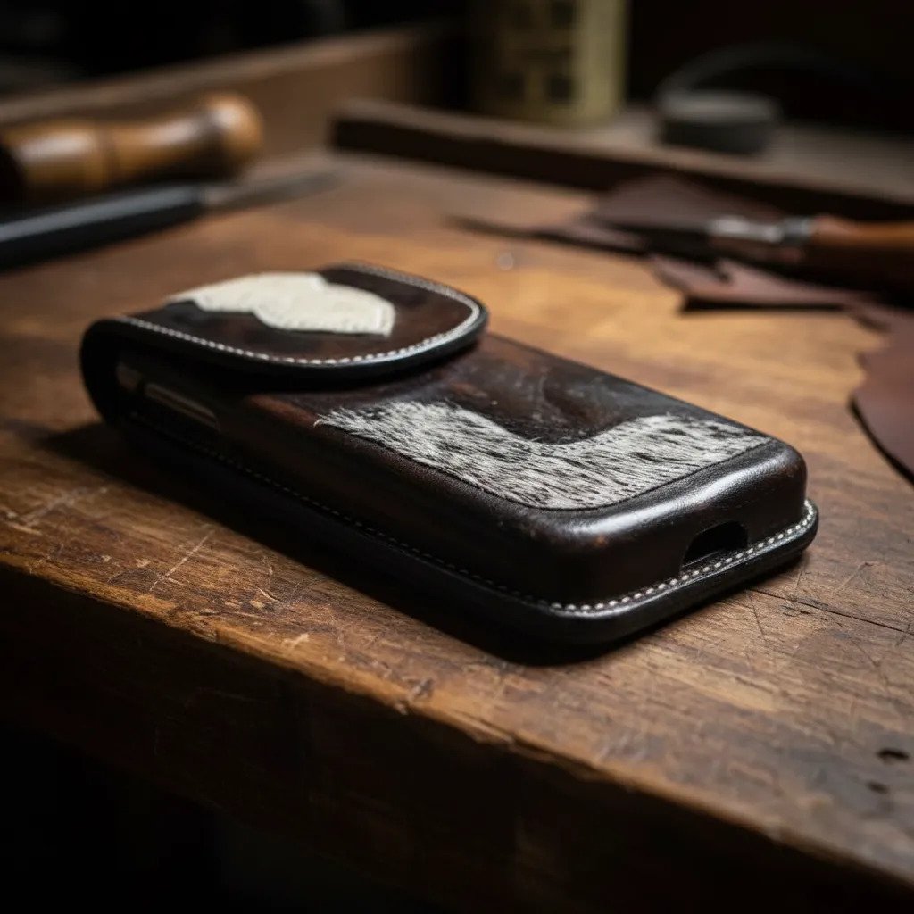 Funda Porta Celular de Piel – Nuevos Diseños - Rombo vaka - Cafe oscuro