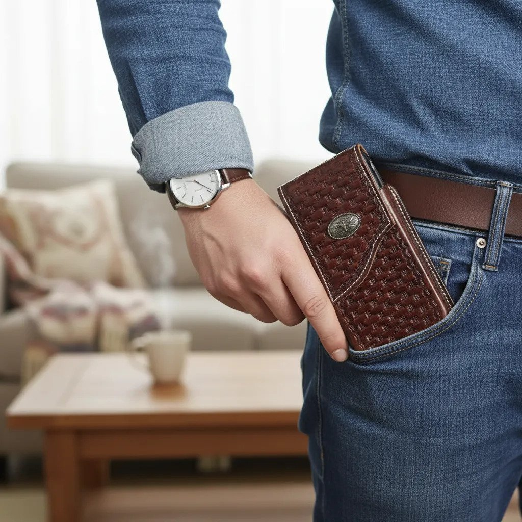 Funda Porta Celular de Piel – Nuevos Diseños - Toro tejido - Cafe oscuro