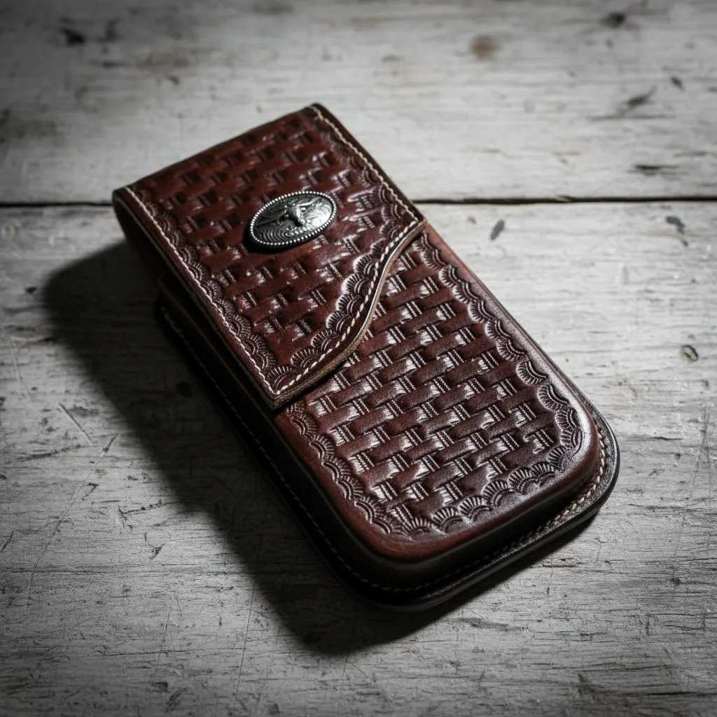 Funda Porta Celular de Piel – Nuevos Diseños - Toro tejido - Cafe oscuro
