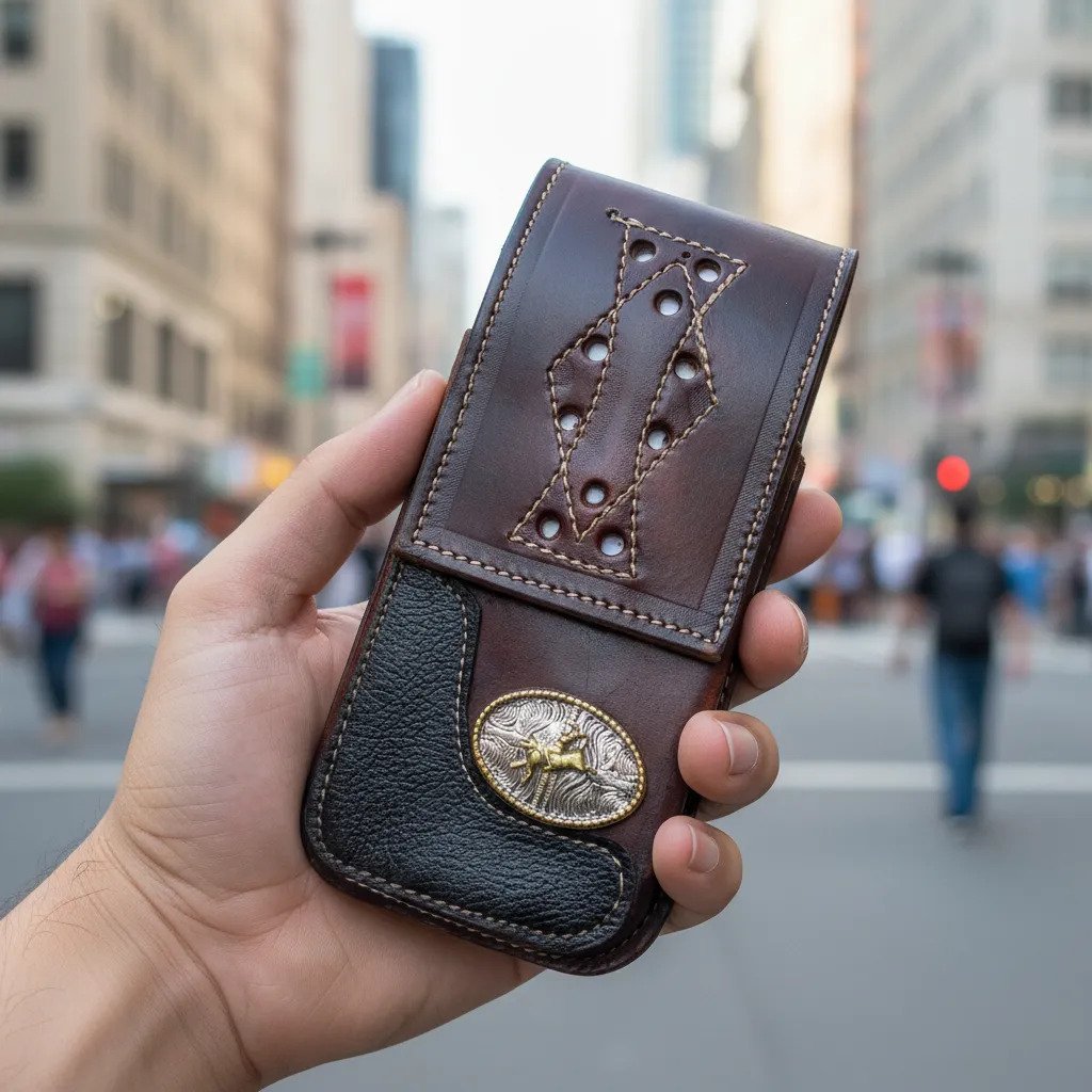 Funda Porta Celular de Piel – Nuevos Diseños - Vaquero c - Cafe tinto