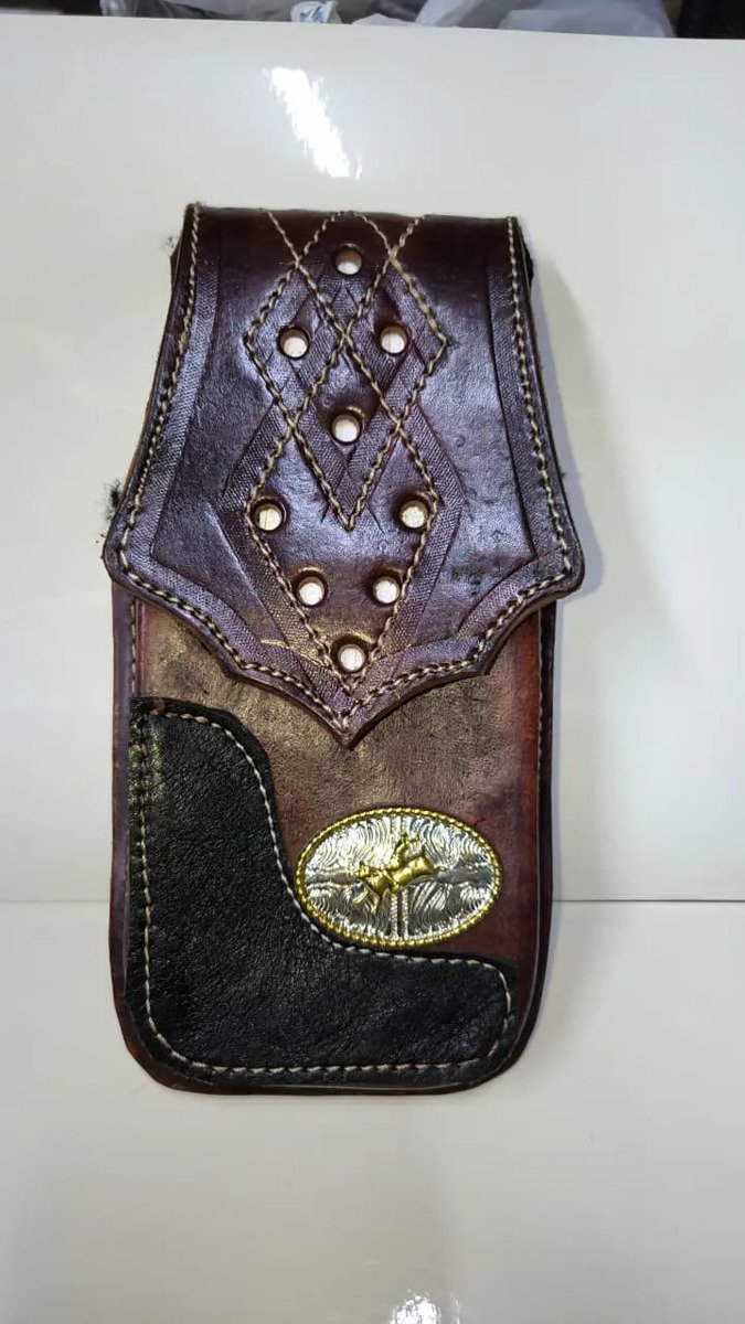Funda Porta Celular de Piel – Nuevos Diseños - Vaquero n - Cafe tinto