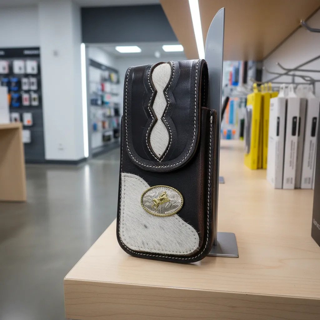 Funda Porta Celular de Piel – Nuevos Diseños - Boot - Cafe Vaquero rombo - Cafe oscuro