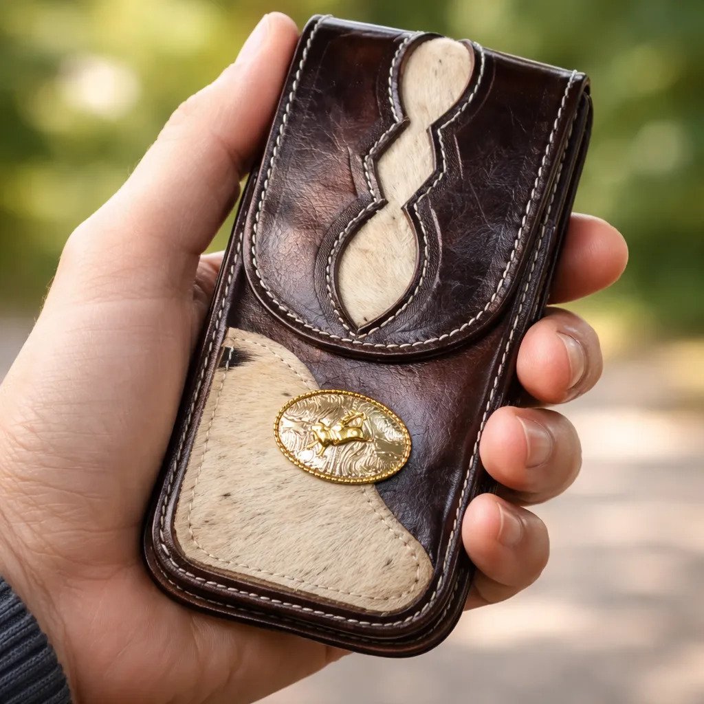 Funda Porta Celular de Piel – Nuevos Diseños - Vaquero rombo - Cafe oscuro
