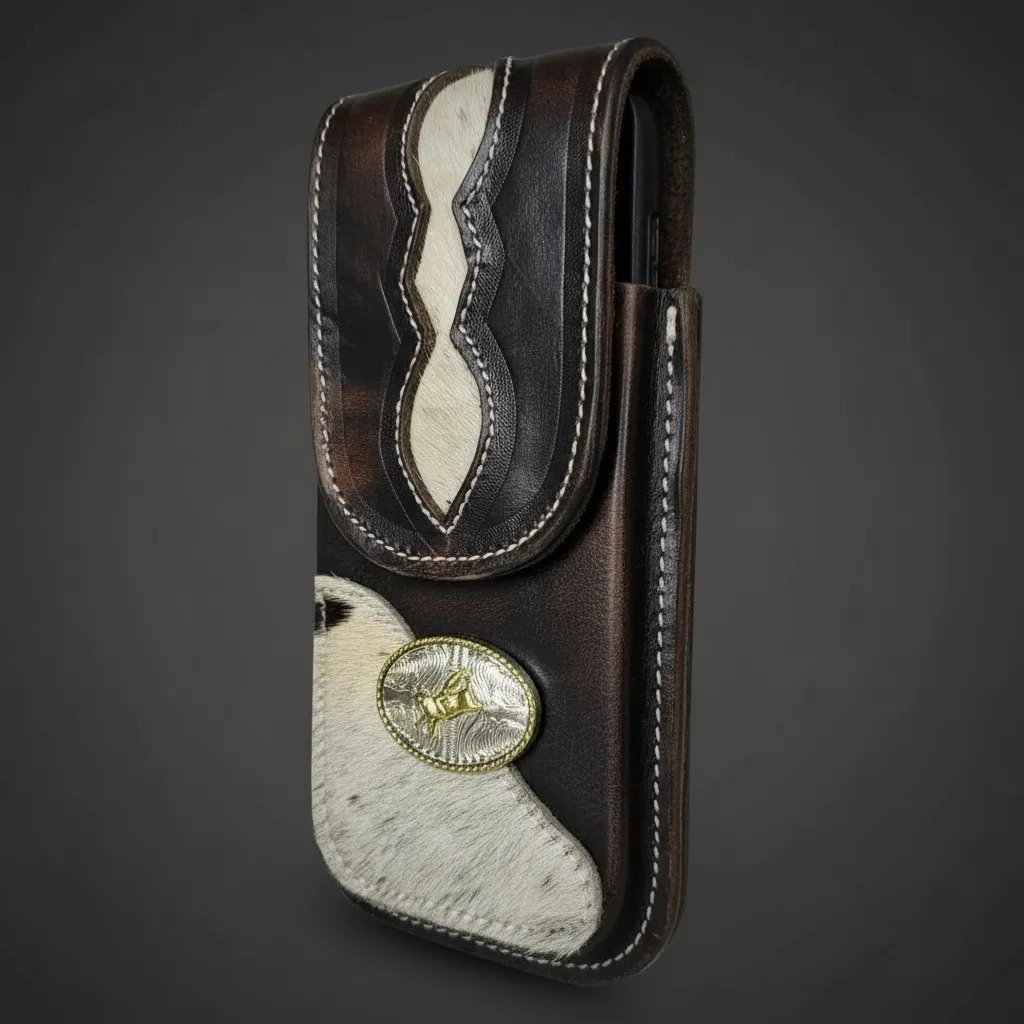 Funda Porta Celular de Piel – Nuevos Diseños - Vaquero rombo - Cafe oscuro