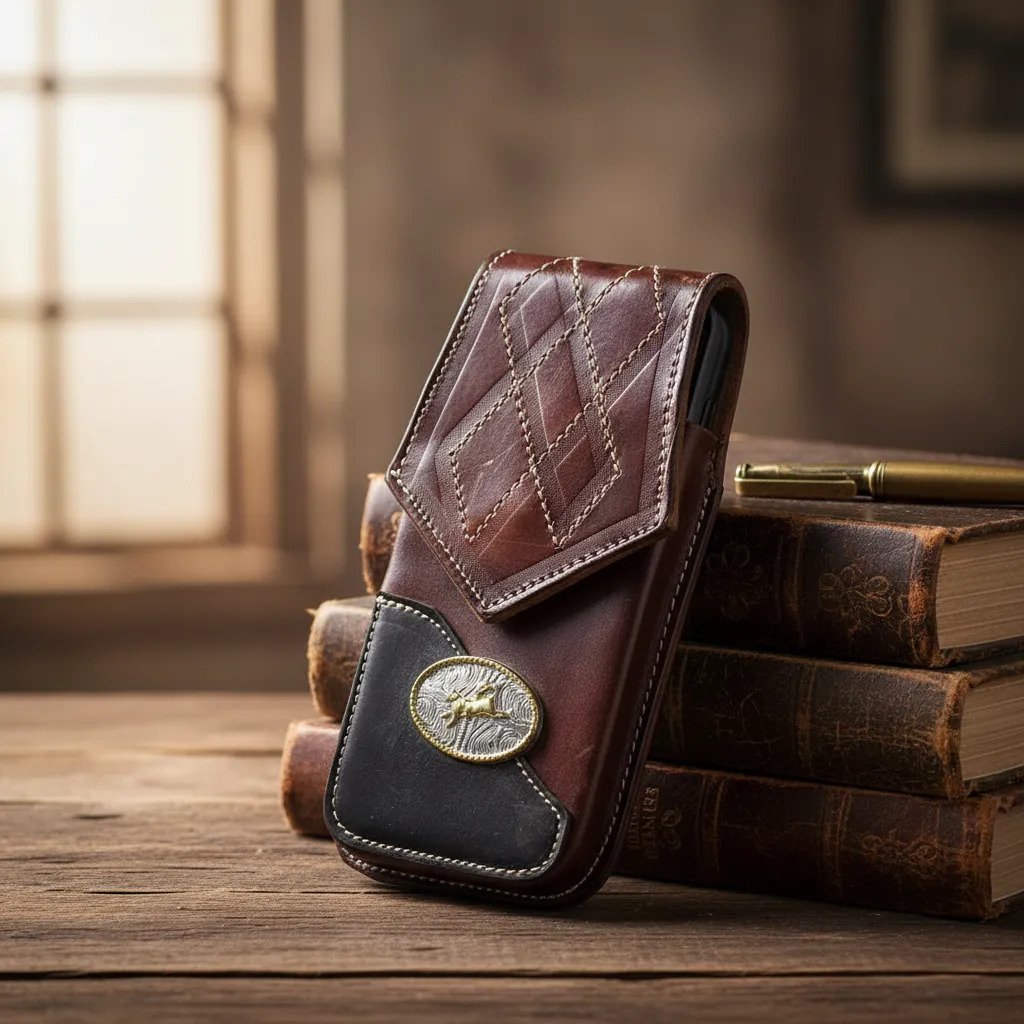 Funda Porta Celular de Piel – Nuevos Diseños - Boot - Cafe Vaquero rombo tinto - Cafe tinto
