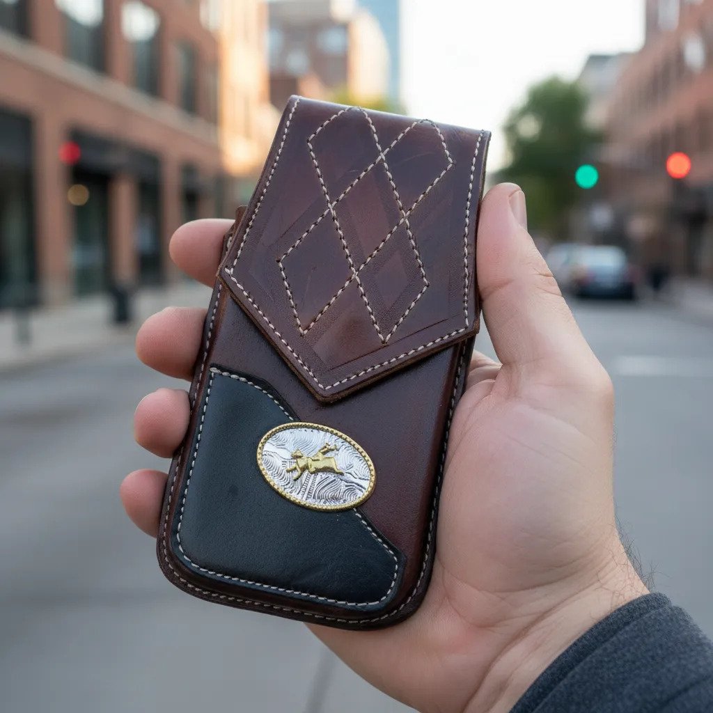Funda Porta Celular de Piel – Nuevos Diseños - Vaquero rombo tinto - Cafe tinto