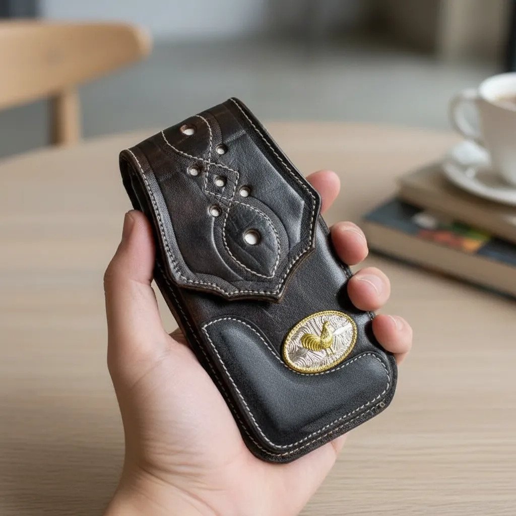 Funda Porta Celular Piel De Res Vaqueta Artesanal - F-GLL2 - Cafe F-GLL - Cafe Oscuro