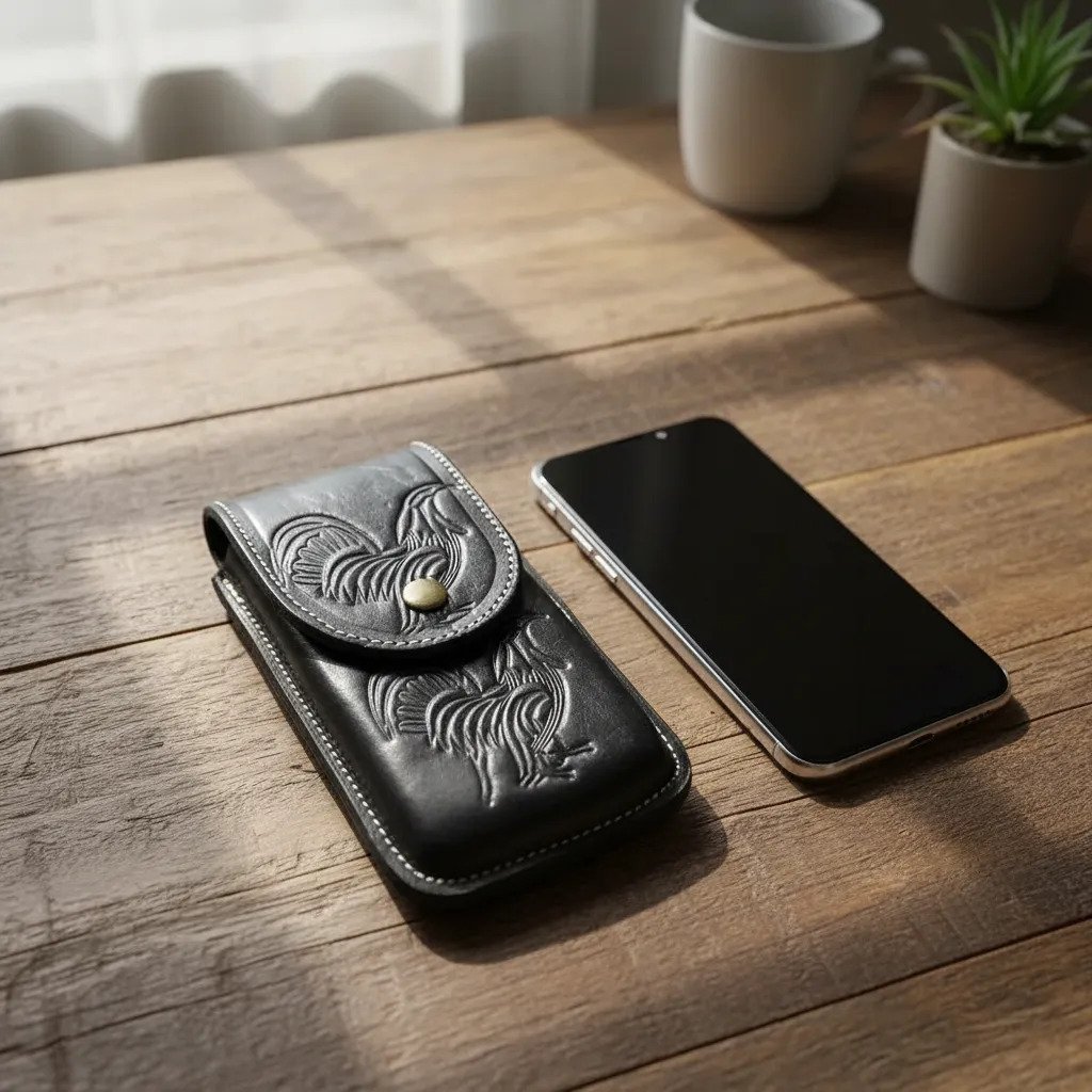 Funda Porta Celular Piel De Res Vaqueta Artesanal - F-GLL2 - Cafe
