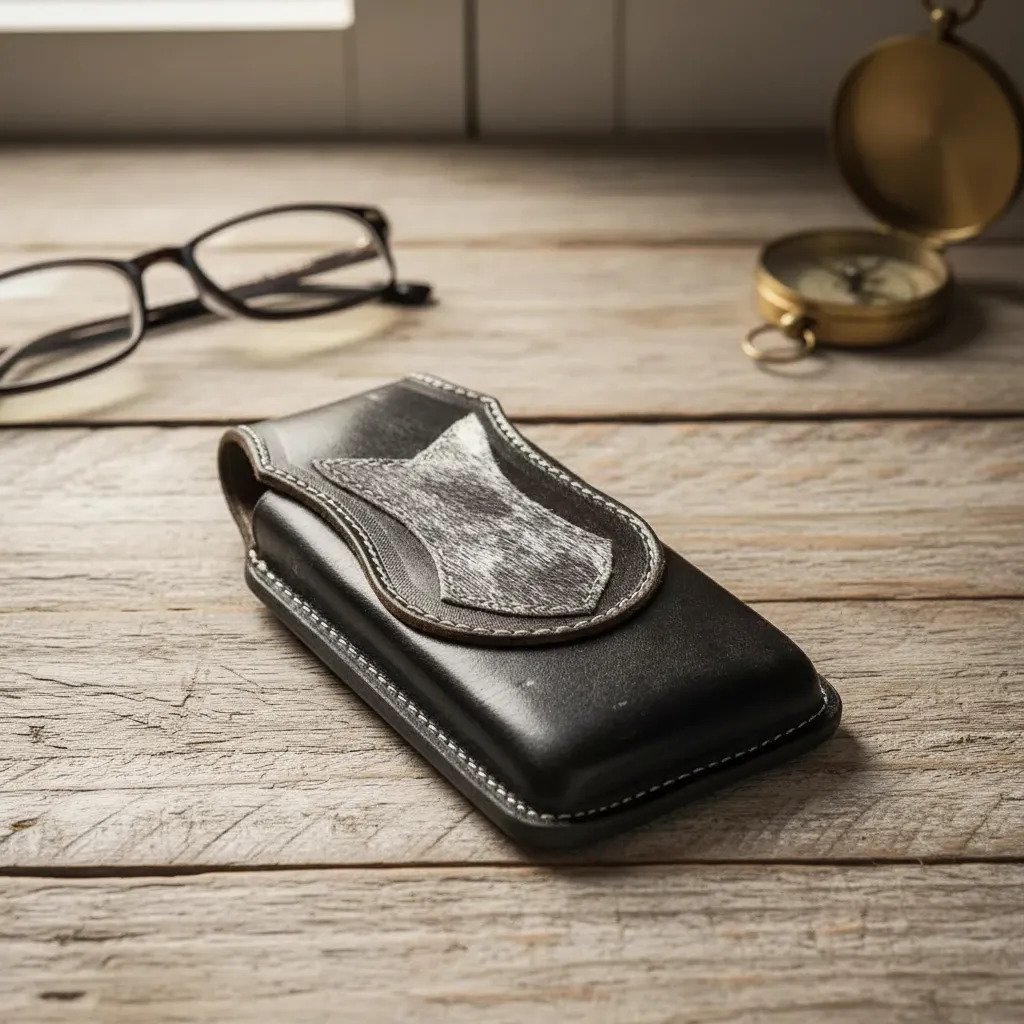 Funda Porta Celular Piel De Res Vaqueta Artesanal - f-vaka - Cafe Oscuro