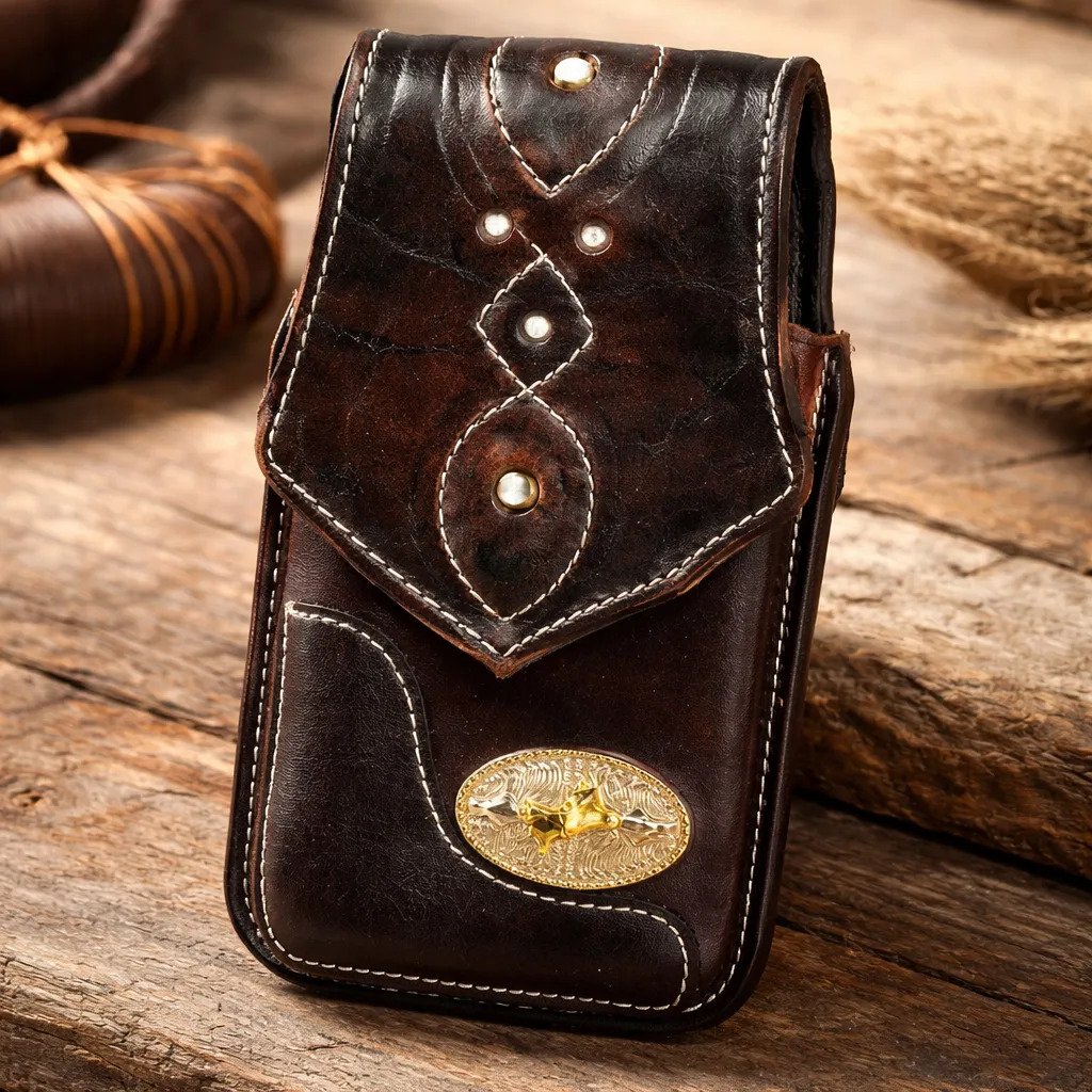 Funda Porta Celular Piel De Res Vaqueta Artesanal - F-GLL2 - Cafe F-VQR - Cafe Oscuro