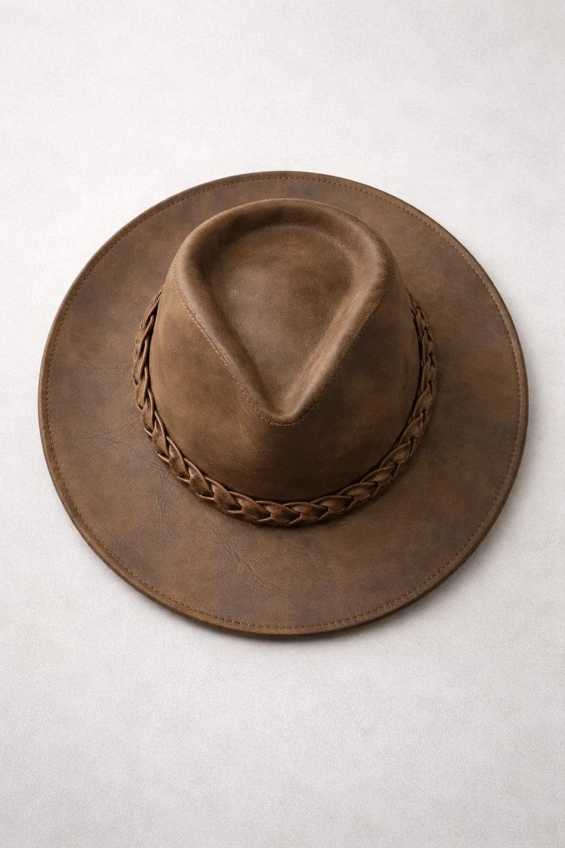 Sombrero de Piel de Res Artesanal - Café - Liso Café - Listón