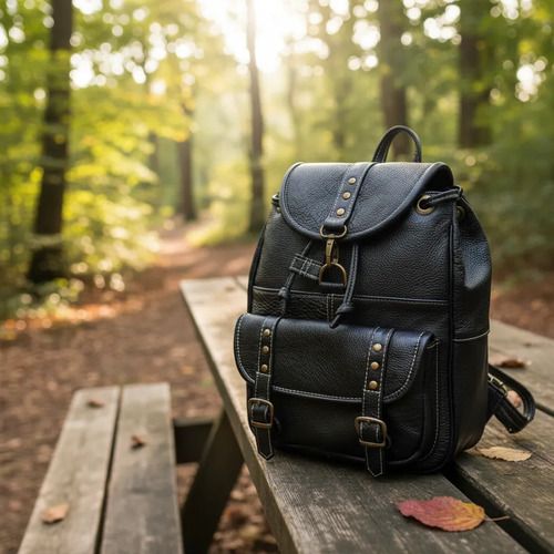 Mochila De Piel Artesanal Negro Liso